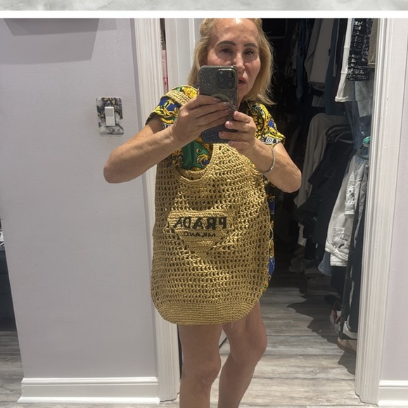 Prada Tan Crochet Tote with Black Logo - Picture 4 of 7